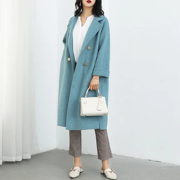 Двустранно кашемировое палто пролет 2019 нов вълна палто за жени зимни палта с широка талия синьо палто