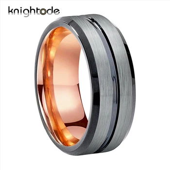 Двуцветен волфрам пръстени Черно и розово злато годежен пръстен от волфрам карбид подарък Треска матово покритие Централна нагънат удобна кацане