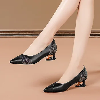 Дебели токчета единични обувки за жени,остър чорап,офис дамски работни обувки,плитки,френски стил,Дамски обувки за краката,черен,цвят-пистолет