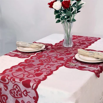 Ден на Свети Валентин маса флаг стрелка Купидона сърцето банер 13x72 инча Червен праскова сърце храна мат комплект романтична вечеря на свещи, мат