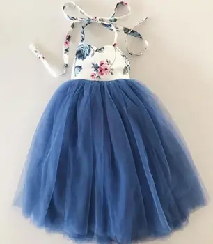 Дете Дете Деца Момиче Дантела Принцеса Рокля Без Ръкави Празнична Облекло Облекло Синьо Пакетче Рокля