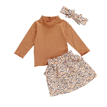 Дете момичетата пролет есен облекло с дълъг ръкав тениска леопардовая пола лента за глава 3шт комплект дрехи Детски дрехи комплект