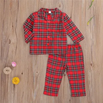 Детска домашно облекло с дълъг ръкав отложным яка червено каре бутон топ еластичен колан с дълги панталони пролет и есен пижами и комплекти