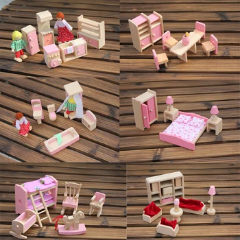 Детска розова дървена стоп-моушън мебели 6 стаи с кукли целия набор от дървена кухня спалня детска играчка за куклен дом момичета подарък за Рожден Ден