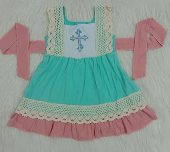 Детски момичета Великден мода дантела пристрастие кръст бродерия готови да изпратите не moq деца бутик деца памук плат на Едро рокля