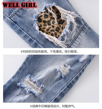 джинси за малки момиченца панталони леопардовый деним мозайка средна талия скъсани проблемни дупка панталони деца еластичен колан от 1 до 8 години