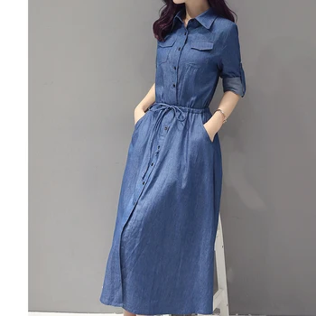 Джинсовое рокля новият, модерен-Line риза Джинсовое рокля Midi синьо жени елегантен XXl памук тънък Каубой свободни дънки, рокли есен