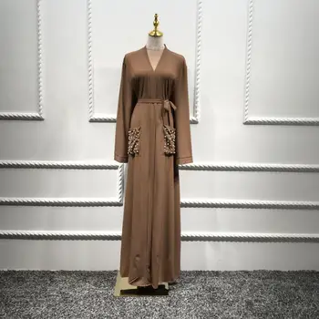 Диамант във джобовете бродерия мюсюлманска Абая жените по цялата дължина на молитвата е отваряне на кимоно ислямски жилетка халат с колан F1501