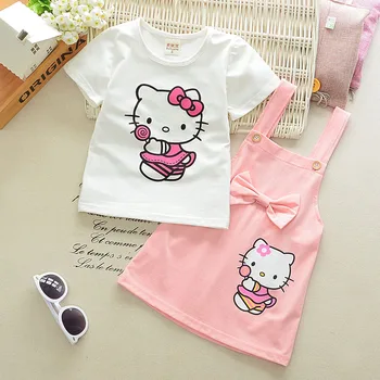 Дрехи за момичета в памучна пола-лифтинг от две части лятна тениска с къси ръкави Kt Cat Cartoon Printing 1-4 Y Child Quality Clothing