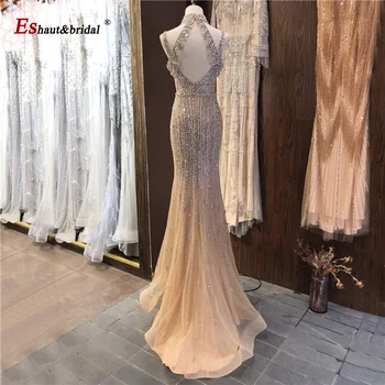 Дубай шампанско вечерна рокля за жените 2021 перли, диамант ръчно изработени V-образно деколте без ръкави секси вечерни рокли, парти