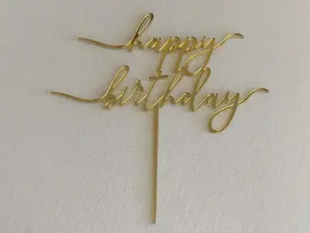 Дървен Happy Birthday Cake Topper акрилно златно огледало, ръкописно писане на Happy Birthday Cake Topper Party Decorations прекрасни подаръци
