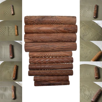 Дървена глина текстура с точилка удряйте каре / облак / вълна / дракон / феникс шаблон полимерна глина валяк керамични керамични инструменти, 10 бр. / компл.