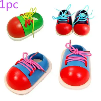 Дървена Играчка, Тай-Up Kids Shoe Learnimg To Tie Shoe Чрез Шнурове (Случаен Цвят)