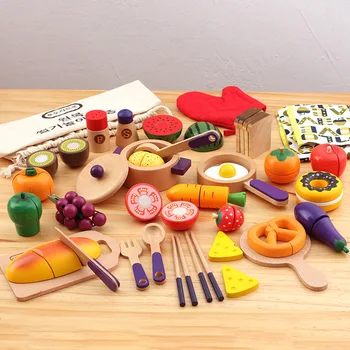 Дървена имитация Детска игра дома играчки, торта за рожден ден следобеден чай и плодове и зеленчуци нарежете и Happy Meal Набор от кухненски аксесоари