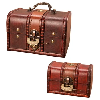 Дървена кутия за сандъка със съкровища, определени от 2 декоративни дървени бъчви за съхранение на пиратски бижута (метална тока с ключалка)