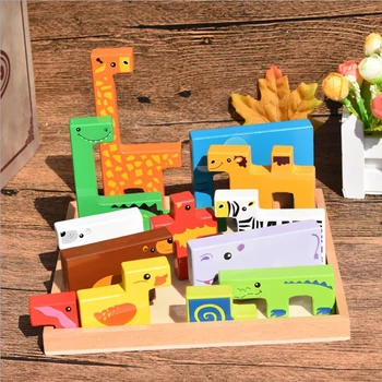 Дървени играчки 3D пъзел творчески животни строителни блокове деца дърво Jenga образователни играчки Монтесори за 1-4-годишно дете