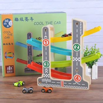 Дървени миниатюрни играчки модел автомобил момче, дете на дървена писта слайд кола игра за деца пъзел вземете плъзгане на кола играчка на децата подарък