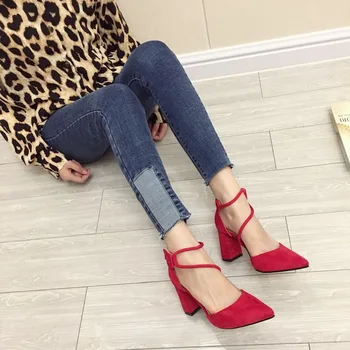 Европа и Съединените Щати 2019 нов дебел с велур дами високо петата сандали мода Червен сватбени обувки Zapatos De Mujer