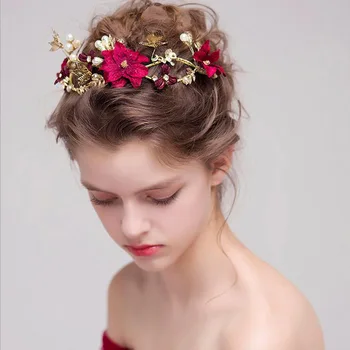Европейският стил на злато тъмно червено цвете на булката Quinceanera превръзки блестящи перли в короната на диадеми ръчно края на сватбени аксесоари за коса