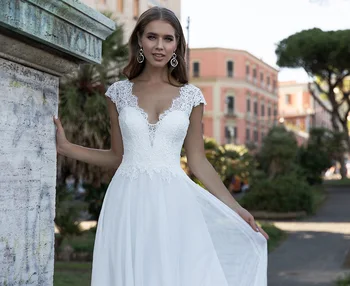 Евтини Cap ръкав сватбени рокли за дългите линии плюс размер Vestidos de Новия сватбени рокли индивидуален дизайн 2021 дължина на пода на нова