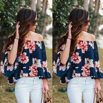 Ежедневна блуза, цветя, облекло летни блузи Плажната мода нови жени дама носи Yops с рамото S-XL