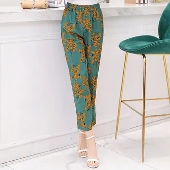 Ежедневни дамски панталони 2020 лято по щиколотку зреещи мода Шарени принт памук бельо еластичен колан панталон плюс размер 5XL