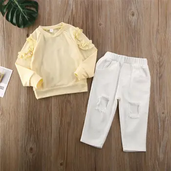 Ежедневни Момиче Пролет дрехи с дълъг ръкав дете бебе момиче облекло пристрастие топ тениска скъсани панталони облекло 2-7 години