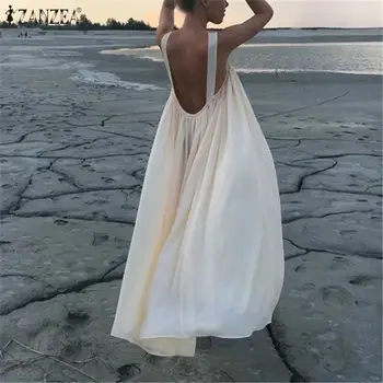 Ежедневни плаж Dress лято жените Dresses ZANZEA чешки без гръб Секси спагети презрамки дълъг сарафан твърди Макси Vestidos S-5XL