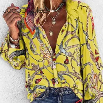 Ежедневни пролет лято с дълъг ръкав блуза на жената реколта верига печат свободни ризи плюс размер 5XL върховете однобортный туника 2020 нов