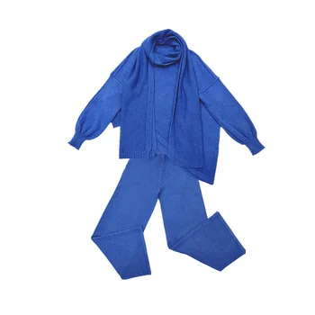 Ежедневни спортен костюм за Жени 3 бр. Комплект вязаный пуловер пуловер еластичен колан прави панталони + шал дамски комплекти