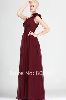 Елегантна линия бордо шифоновые вечерни рокли с цветя, ръчно изработени, просто едно рамо плисирани рокли елече