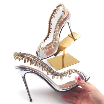 Елегантни сандали с отворени пръсти на висок ток с хрустальным сребро сватбени обувки за жени прозрачен PVC вечерни обувки лодка летни обувки