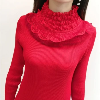 Есен-зима женски пуловер пуловер 2020 нов Завързана Ботто риза с дълъг ръкав Раффлед тънък дръпна плета половината от turtlenecks пуловер женски