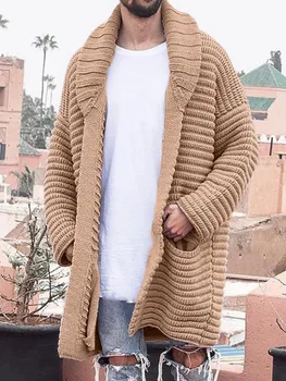 Есен-зима мъжка жилетка вязаный със средна дължина, с дълъг ръкав на ревера джоба плътен сгъсти топъл пуловер ежедневното палто