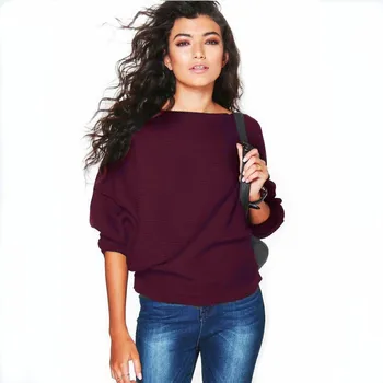 Есен/зима ръкав прилеп вязаный женски пуловер с дълъг ръкав през цялата деколте плюс размер XXXL пуловери мода 2019 жени 23