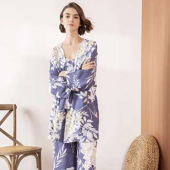Есен нови дамски пижами набор от елегантни цветя на печатни син Femme свободни Комфорт 3 бр. пижама жилетка + камизола + панталони домашно облекло