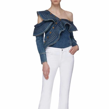 Есен Секси V-образно деколте едно рамо син деним риза дамски елегантни набори с дълъг ръкав Bloues Womens 2019