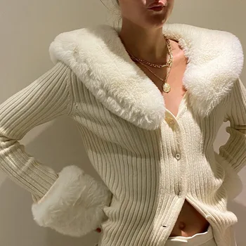 Есен твърди ежедневни дамски Y2K жилетки реколта однобортные възли пуловери елегантен тесен кожа яка топ Femme Cuteandpsycho