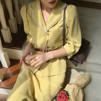 Есен френски стил Vintage 2 бр. група жени костюм Перла назъбени колан, сако и пола, елегантен офис Дама луксозен две части комплекти