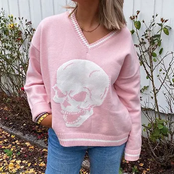 Есенни извънгабаритни черепа V-образно деколте Дамски пуловери розов дълъг ръкав свободни дамски пуловери 2021 зимна мода всекидневни женски пуловер