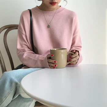 Есента е нов корейски основната О-образно деколте вязаный топ модни пуловери, дамски ежедневни Свободни с дълъг ръкав, якета дамски пуловери градинска