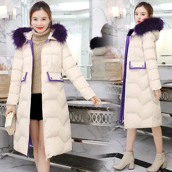 есента и зимата носят пуховик женски корейски тънък темперамент кожа яка дълъг памук палта голям кожа яка на палтото яке