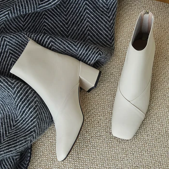 Естествена кожа високи токчета ботильоны жените Есен Зима Кратък къси ботуши квадратен чорап основните офис обувки жена