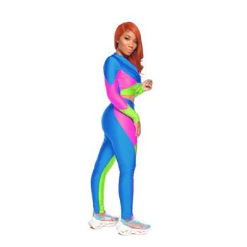 Жена лоскутный спортен костюм Color Block Printing Sports Casual Two-Piece Set европейската и американската дамски дрехи