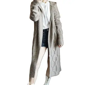 Жена пуловер дамско яке вълнен жилетка дълга дължина вязаный с качулка свободни твърди Колид дамски палта