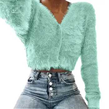 Жена пуловер с пуговицей Basic Rib Faux Fur Върховете Solid V образно деколте Essential Jumper жилетка с дълъг ръкав пуловери плюс размер XL