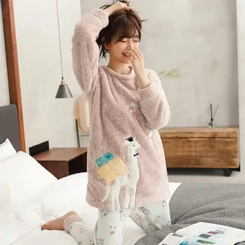 Жена фланелен пижами зимни пижами и комплекти розово сладко карикатура на животните пижами дебела пижама жена ежедневни домашни дрехи, пижами 2 елемента пижами