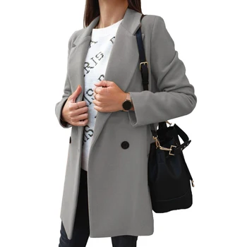 Жената Есен-Зима на мода широк ревера двоен ред копчета топло палто на горно облекло