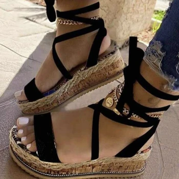 Жената змия Гладиаторски сандали лято платформа клинове петата и глезена Кръст-вързани мода Секси Open-Toe Party Shoes дами женски 2020
