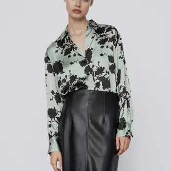 Жената пролет есен блузи с флорални печатни с дълги ръкави реколта отложным яка Дама мода на горно облекло свободни ризи